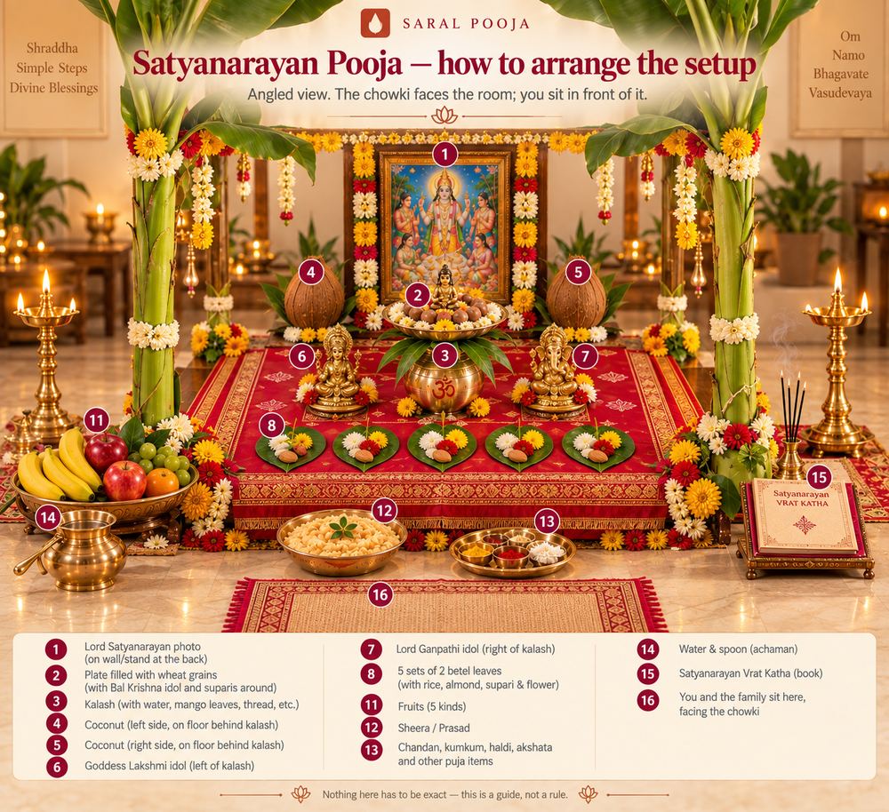 Satyanaaraayanaachya sampoorn maandaneeche konaatoon drishya — chaurangaavar kalash, moorti, vidyaachi paane, prasaad aani basanyaachi jaaga, pratyek kramaankit aani khaali yaadeesah