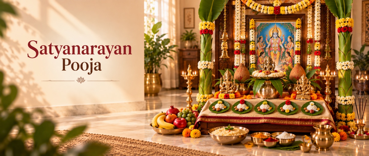 Satyanarayan Pooja, the saral way — the framed image of Satyanarayan garlanded on a decorated chowki, with kalash, banana stems, brass diyas, betel leaves, fruit and sheera set out before it